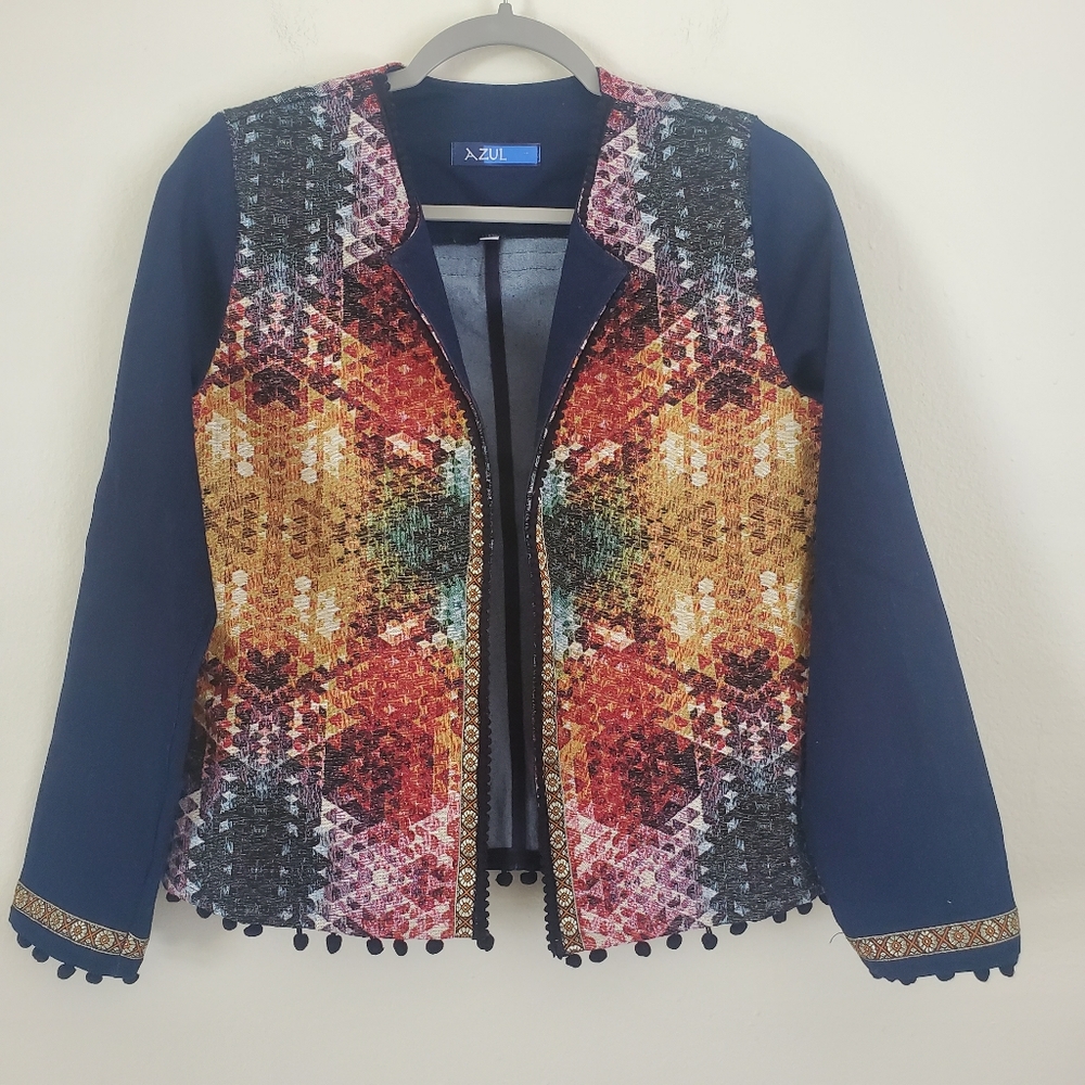 Azul Embroidered Pom Pom Open Front Front Blazer Jacket